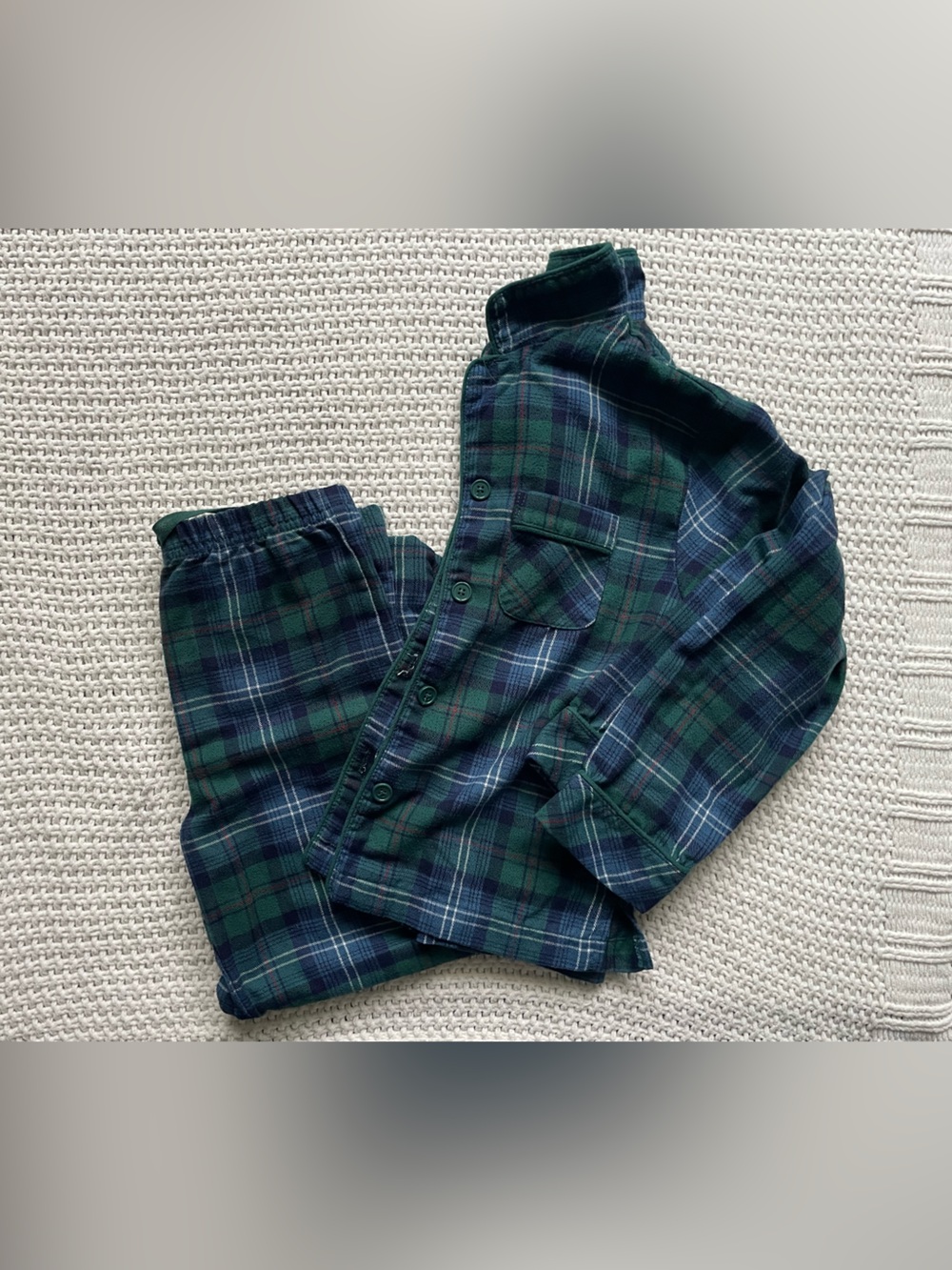 Kids Plaid Long-Sleeve Button Up& Pants Pajama Set in Green & Navy